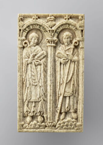 Plaque de reliure : deux évêques de Beauvais : Hervé (987-998) et Roger (mort en 1016 ou 1022), fils d'Eudes Ier de Champagne et de Blois, chancelier du roi