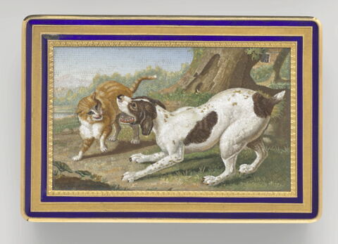 Tabatière : micro-mosaïque au chien et au chat