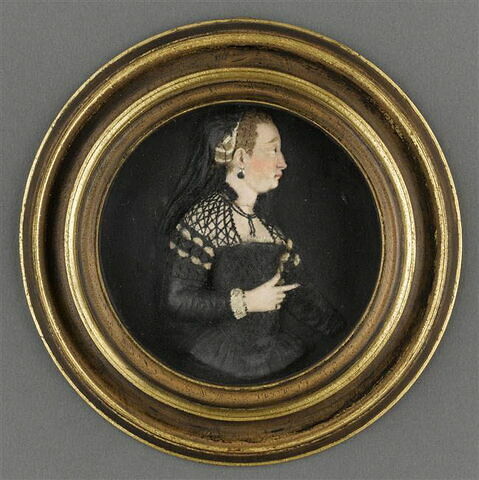Médaillon rond : buste de femme en costume du XVIe, habillée de noir, image 1/1