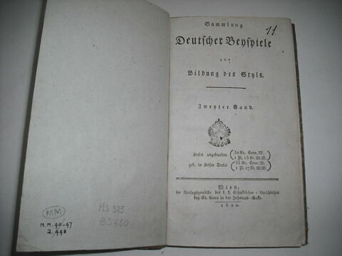 Livre d'étude en langue allemande ayant appartenu au duc de Reichstadt
 : Sammlung Deutscher Beispiele, vol. II. Vienne, 1820., image 2/2