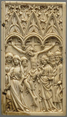 Boîte à poids et à balance : Vierge à l'Enfant entre saint Christophe et saint Jean Baptiste ; Crucifixion