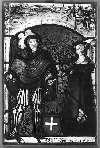 Panneau rectangulaire aux armes de Peter Ruedy et de son épouse ; 
dans le registre supérieur : une chasse au cerf