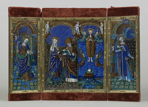 Triptyque : Saints (sainte Geneviève, sainte Marthe, saint Lazare, sainte Madeleine, saint Laurent)