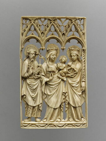 Plaque : la Vierge à l'enfant entre sainte Catherine et saint Jean Baptiste