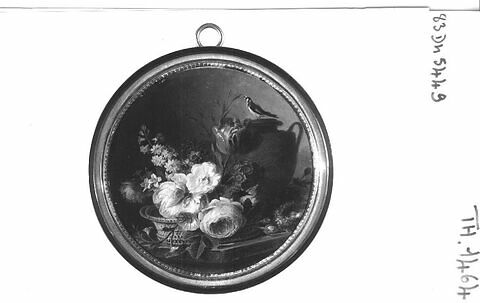 Miniature ronde avec nature morte : corbeille de fleurs et chardonneret sur un vase, image 4/4