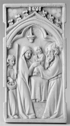 Feuillet de polyptyque : la Présentation au Temple ; la Vierge glorieuse couronnée par un ange, image 2/2
