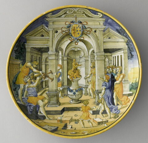 Coupe ronde : armoiries des Sforza-Farnèse (Alessandro ou Paolo ?) : la Fête ordonnée par Romulus en l'honneur de Neptune
