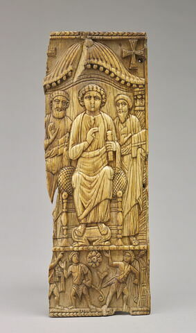 Partie centrale d' un feuillet en cinq parties : le Christ trônant entre les saints Pierre et Paul ; Apparition de l' étoile aux bergers