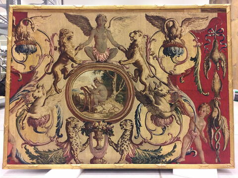 Fragment de la tapisserie Le Triomphe d'Hercule : Hercule devant un pupitre, de la tenture des Triomphes des Dieux