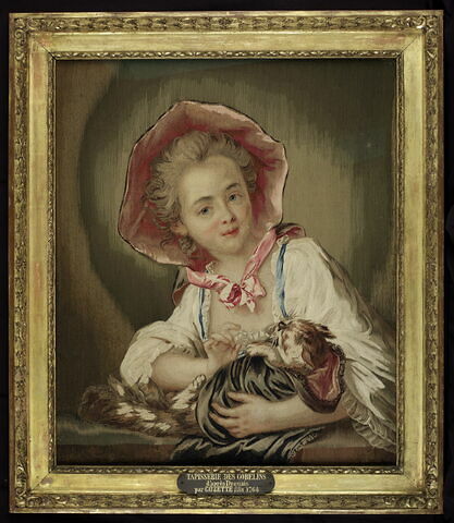 Tableau en tapisserie : la jeune fille au chat, 
(portrait de la fille de Charles-François Silvestre, peintre du roi de Pologne)