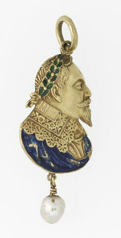 Pendentif en or émaillé avec perle baroque : Gustave Adolphe de Suède ; au verso, lion marchant, tenant une épée, image 1/2