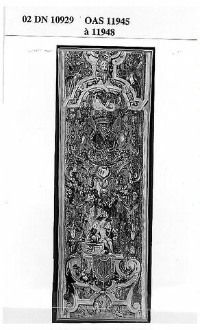 Entre-fenêtre représentant l'Amour sur un trône orné de dauphins, de la Tenture des Attributs de la Marine, image 2/2