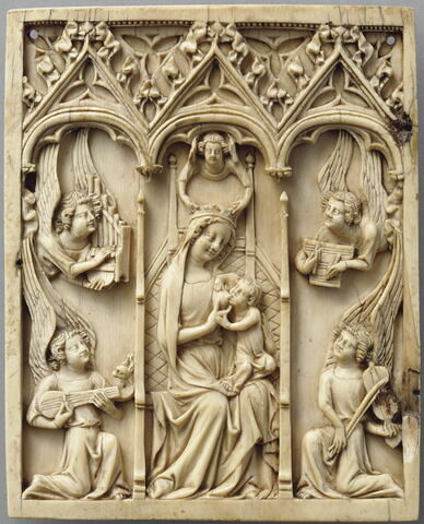 Feuillet gauche d'un diptyque : la Vierge glorieuse allaitant, entourée d'anges musiciens