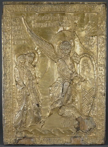 Plaque du reliquaire de la Pierre du Sépulcre du Christ : les Saintes Femmes au tombeau