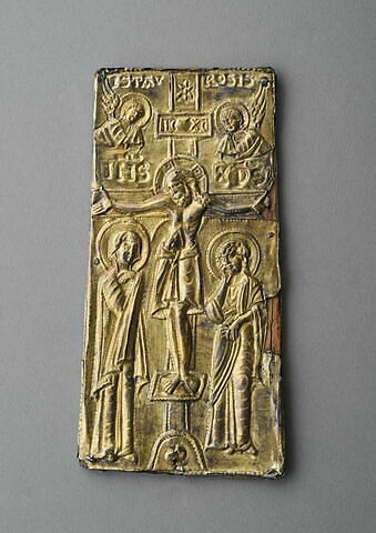 Staurothèque : reliquaire de la Vraie Croix (a : logette à double traverse surmontée par 2 bustes d’anges) et Croix du reliquaire à double traverse (b), image 7/20