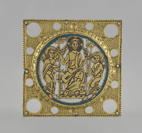 Plaque ronde provenant d'un phylactère (?) : Christ juge entre deux anges porteurs des instruments de la Passion, image 1/14