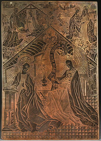 Plaque gravée : Annonciation, la Visitation, la Nativité. Au revers, carte céleste, inscription inversée