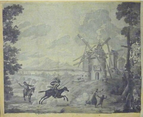 Les Moulins, d'une suite de cinq panneaux en grisaille relatant l'Histoire de Don Quichotte