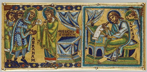 Plaque d'une croix (bras senestre) : la rencontre d'Abraham et Melchisedech, saint Luc.
