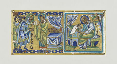 Plaque d'une croix (bras senestre) : la rencontre d'Abraham et Melchisedech, saint Luc, image 1/3
