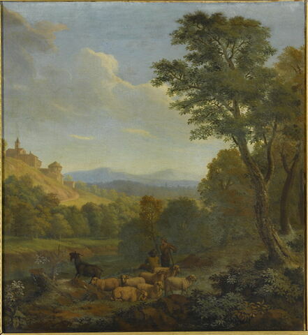 Paysage avec moutons, des chèvres et un pâtre debout appuyé sur un bâton parlant à un homme assis à terre vu de dos