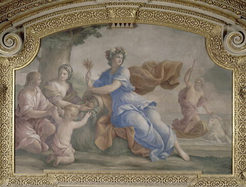 Plafond : Salon de la paix : La déesse de l'Agriculture encourageant les travaux de la campagne (ou l'Abondance), au dessus de la corniche, côté nord., image 4/5