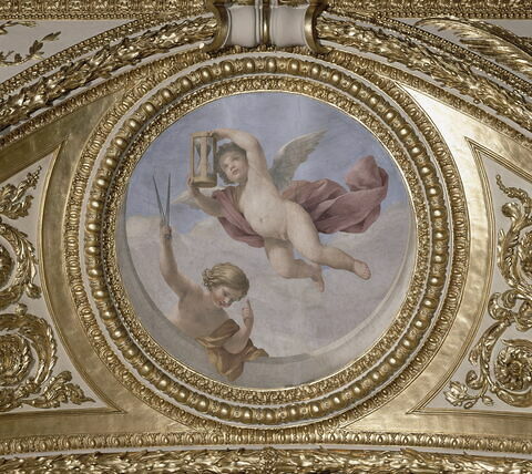 Plafond : Salle des Antonins - Les Génies du Temps (deux Amours tenant l'un un compas, l'autre un sablier), sur la voûte, côté est au centre