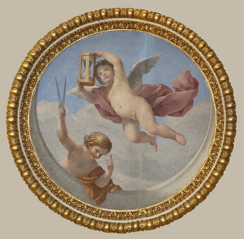 Plafond : Salle des Antonins - Les Génies du Temps (deux Amours tenant l'un un compas, l'autre un sablier), sur la voûte, côté est au centre