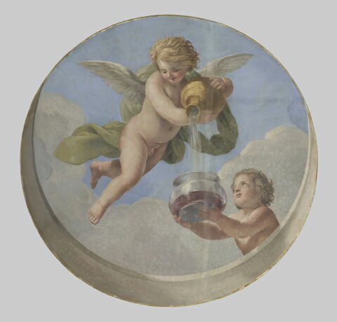 Plafond : Salle des Antonins - Les Génies des Eaux (deux Amours dont l'un verse de l'eau dans un récipient), sur la voûte côté ouest, au nord., image 1/6