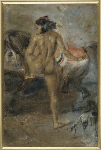 Femme nue de dos montant à cheval ou Amazone