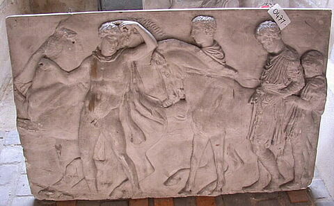 Tirage d’une plaque de la frise nord du Parthénon représentant trois hommes, un garçon et deux chevaux, image 1/1