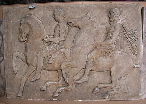 Tirage d'une plaque de la frise ouest du Parthénon représentant deux cavaliers