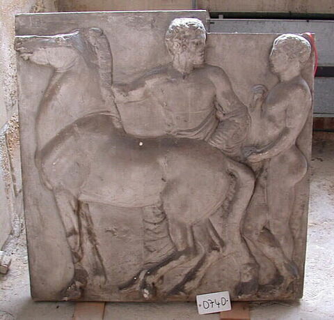 Tirage d'une plaque de la frise ouest du Parthénon représentant un cheval et deux hommes