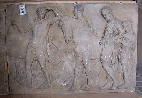 Tirage d'une plaque de la frise nord du Parthénon représentant deux chevaux, trois hommes et un garçon, image 1/1