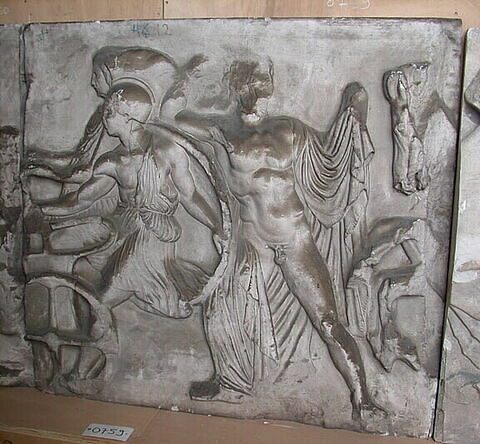 Tirage d'une plaque de la frise nord du Parthénon représentant deux apobates et un homme