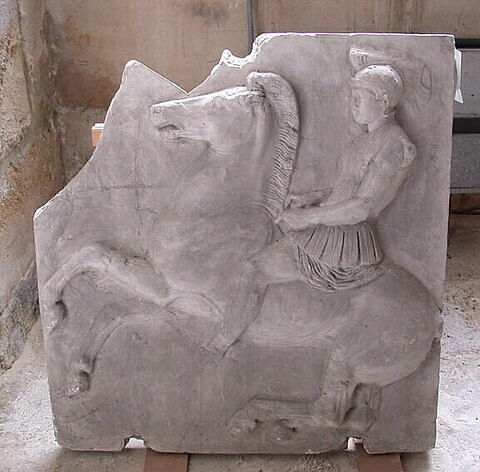 Tirage d'une plaque de la frise ouest du Parthénon représentant un cavalier casqué