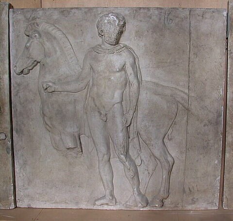 Tirage d'une plaque de la frise ouest du Parthénon représentant un homme et un cheval