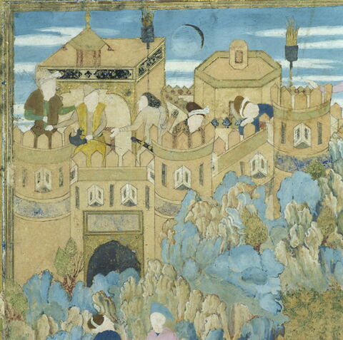 Shah Abbas devant une ville fortifiée en compagnie d'un prince indien (Feuillet d'un poème historique persan ?), image 6/6
