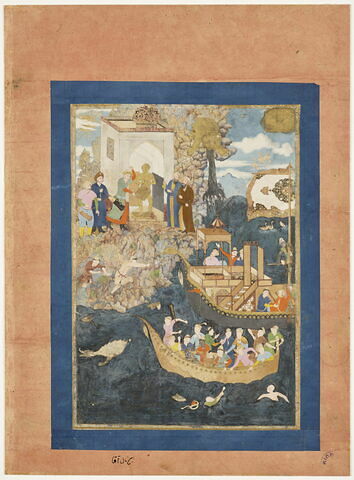 Iskandar chasse le monstre marin en frappant sur le tambour de l'idole dorée (Page d'un "Livre d'Alexandre" ?)