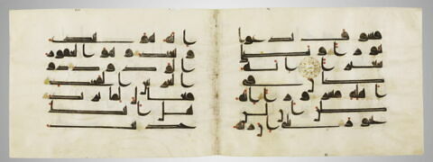 Double feuillet coranique ; folio de droite : sourate 84 (La déchirure, al-inšiqāq), versets 11 à 15 et folio de gauche : sourate 85 (Les constellations, al-burūj), versets 13 à 17