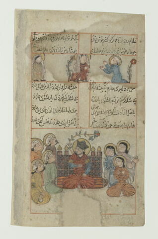 Prince en trône entouré de sa cour ; amant agenouillé devant une femme ; (page d'un manuscrit poétique)