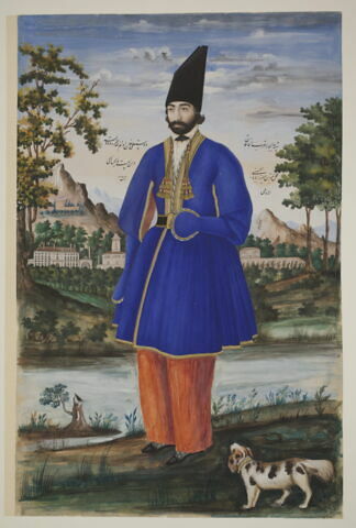 Portrait de Dust Ali Khan Mu'ayyir al-Mamalik à l'âge de 21 ans dans un paysage et accompagné d'un chien, image 3/5