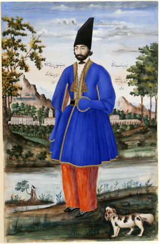 Portrait de Dust Ali Khan Mu'ayyir al-Mamalik à l'âge de 21 ans dans un paysage et accompagné d'un chien, image 5/5