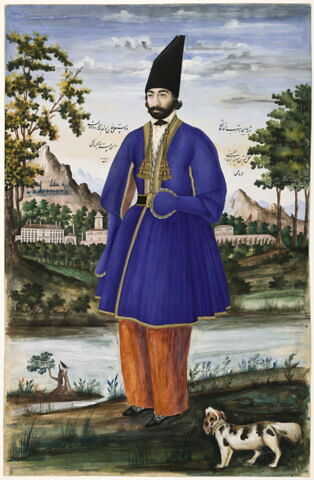 Portrait de Dust Ali Khan Mu'ayyir al-Mamalik à l'âge de 21 ans dans un paysage et accompagné d'un chien, image 1/5