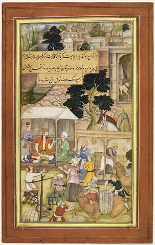 Babur en conversation avec un vieil homme devant la citadelle de Badam (Ferghana) (page d'un "Baburnama")