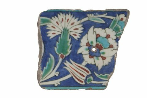 Carreau de bordure à la grosse fleur saz épanouie, tulipe et oeillet sur fond bleu, image 1/1