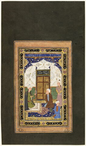 Quatre hommes dans un intérieur (page d'un manuscrit non identifié)