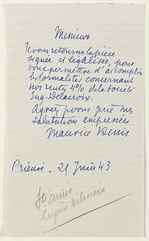 Lettre autographe signée Maurice Denis, 25 juin 1943, image 1/1