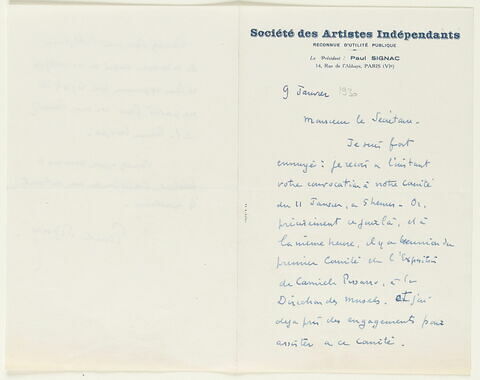 Lettre autographe signée Paul Signac à Raymond Escholier (?), 9 janvier, image 2/2