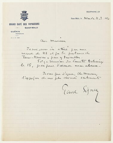 Lettre autographe signée Paul Signac à Jean Sergent (?), 11 mars 1930